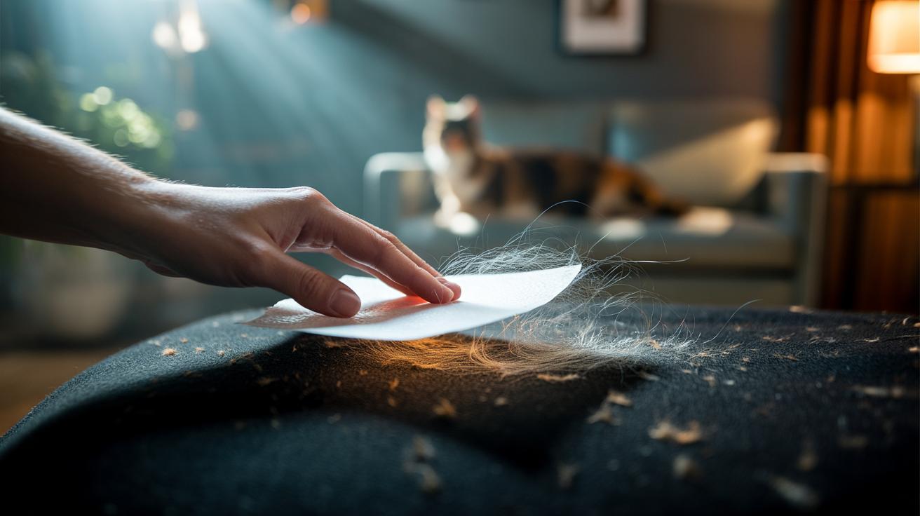 Illustration of a dryer sheet lifting pet hair from clothing fabric using static charge