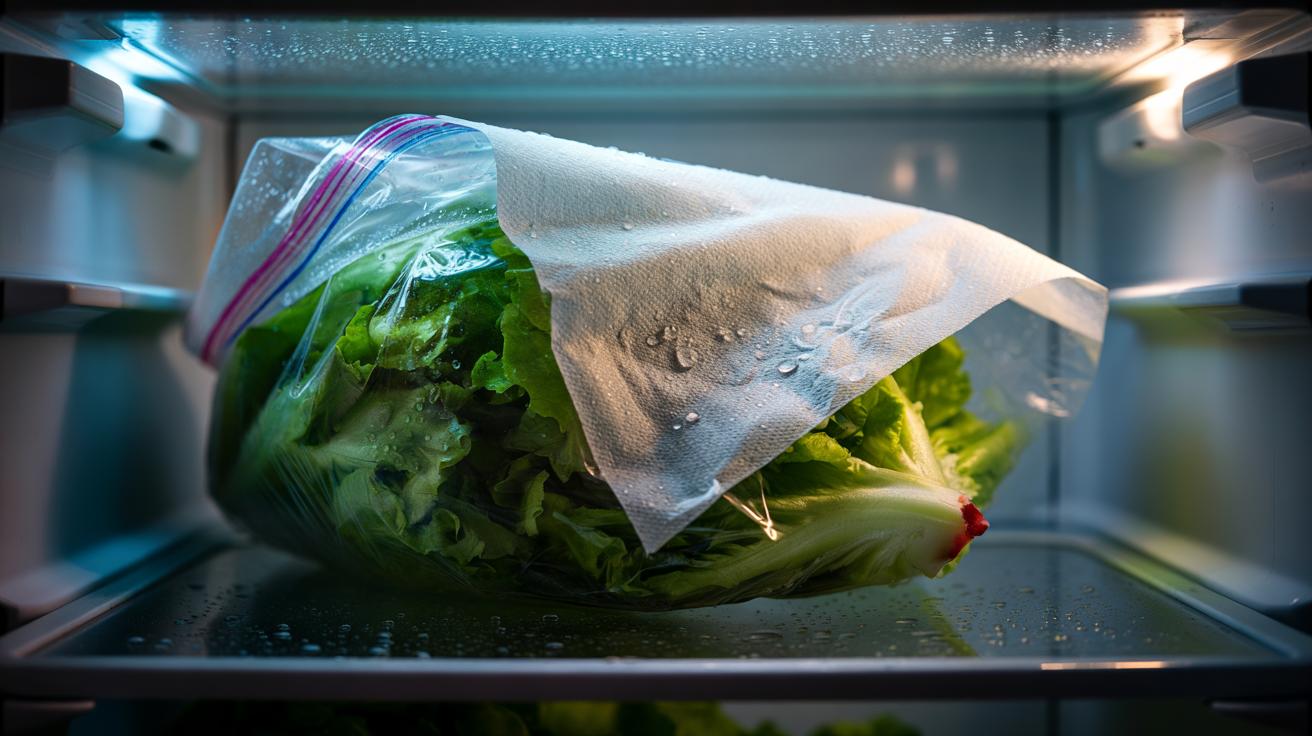 Illustration of a paper towel inside a bag of lettuce absorbing moisture to keep the leaves crisp