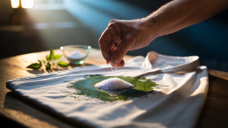 Illustration of a pinch of salt being rubbed onto a green herb stain on fabric to lift pigment without damaging the fibres