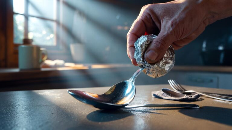 Illustration of a hand polishing dull silverware with a crumpled aluminium foil ball, revealing restored shine through friction