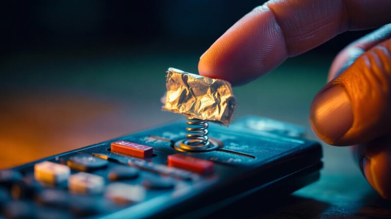 Illustration of aluminium foil used as a conductive shim to reconnect loose battery terminals in a remote control