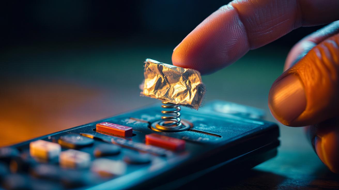 Illustration of aluminium foil used as a conductive shim to reconnect loose battery terminals in a remote control