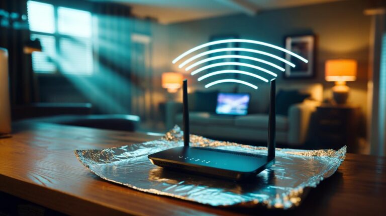 Illustration of an aluminium foil sheet shaped into a reflector behind a Wi‑Fi router, redirecting signals via reflections to enhance transmission speed