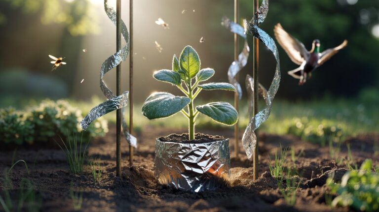 Illustration of aluminium foil used as reflective barriers around garden seedlings to deter pests