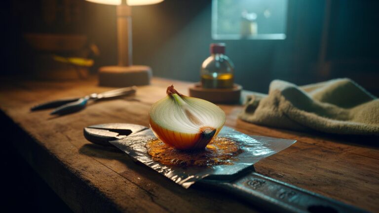 Illustration of an onion slice applied to a rusted metal tool to dissolve corrosion overnight via sulphur compounds