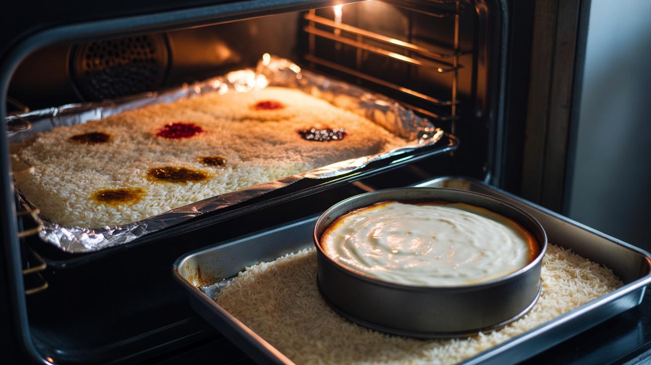 Illustration of dry rice spread in a single layer on a foil-lined baking tray inside an oven to reveal hot spots and ensure even cake baking