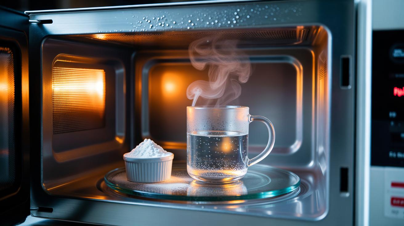 Illustration of a microwave with a mug of water mixed with baking soda steaming to neutralise lingering food odours