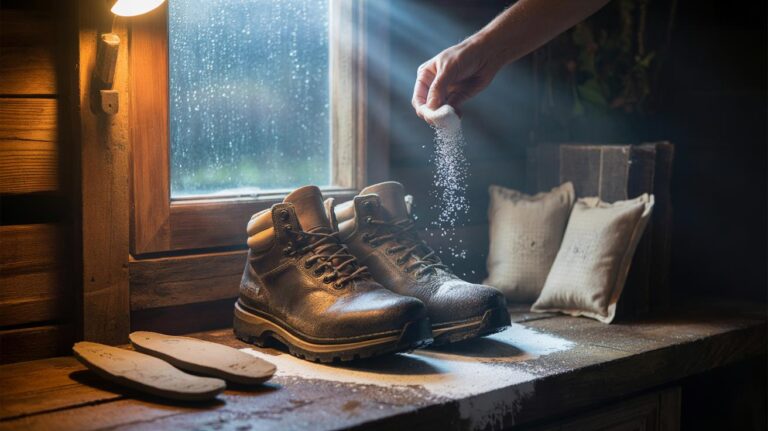 Illustration of baking soda sprinkled inside muddy boots to neutralise odours and draw out moisture