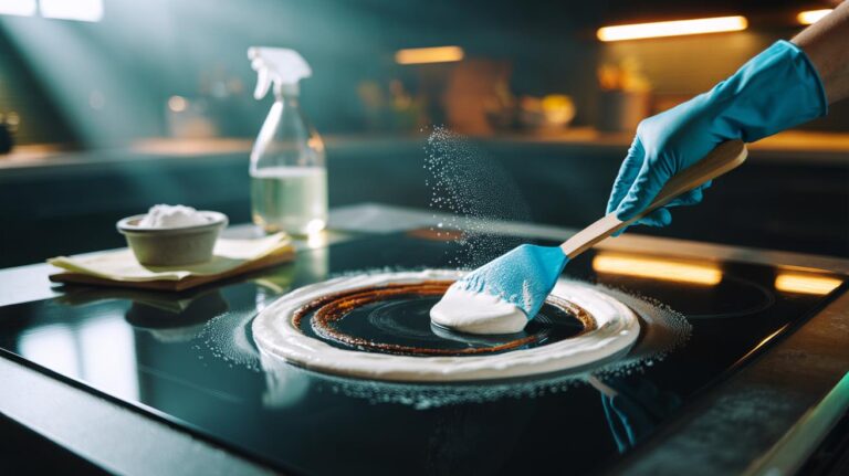 Illustration of baking soda paste applied to burnt stove spills to lift residue through alkaline action