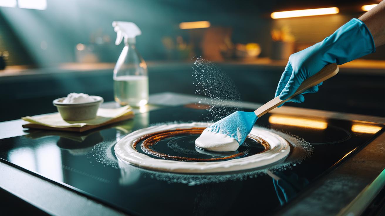Illustration of baking soda paste applied to burnt stove spills to lift residue through alkaline action
