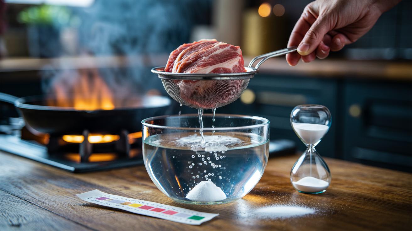 Illustration of a baking soda rinse being used to tenderize sliced meat cuts in under five minutes