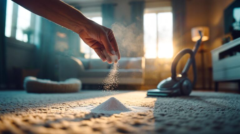 Illustration of baking soda being sprinkled on a carpet to neutralise odours, with a vacuum cleaner in the background