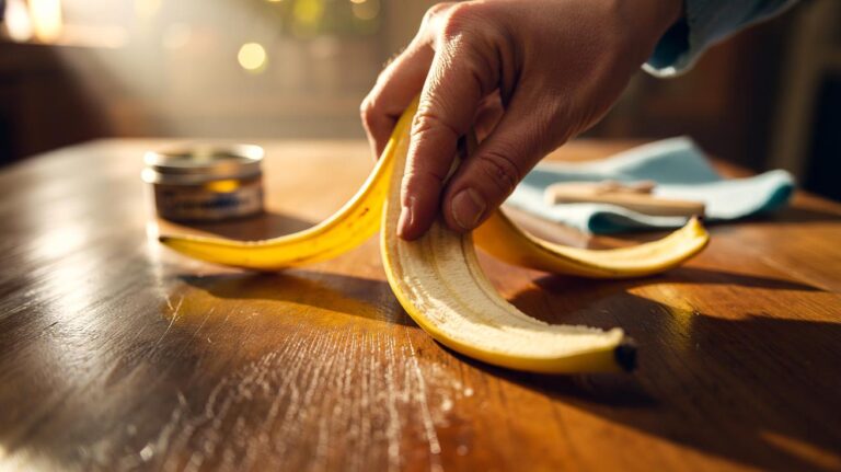 Illustration of a banana peel being rubbed on a scratched wooden surface to fill micro-scratches and reduce visible scuffs