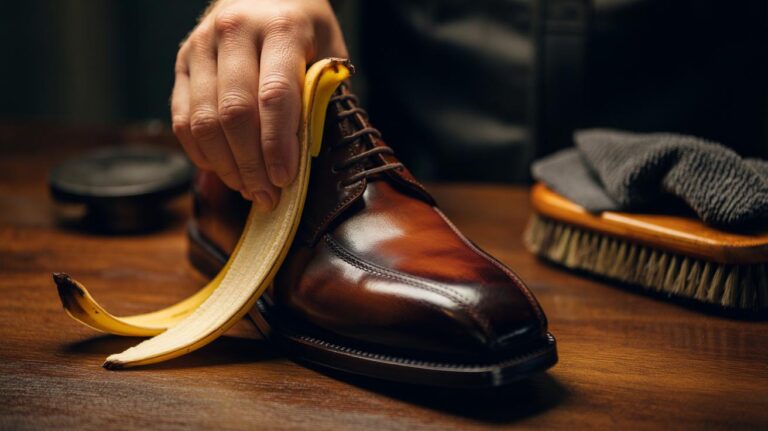 Illustration of a hand using a banana peel to polish a leather shoe