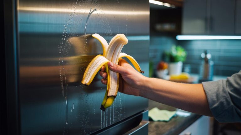 Illustration of a banana peel wiping streaks from a stainless steel surface to restore shine in 30 seconds