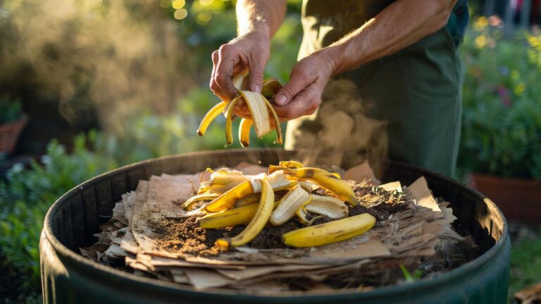 Illustration of banana peels being layered with dry browns in a compost bin to accelerate decomposition through natural sugars
