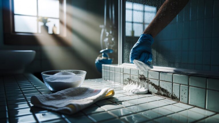 Illustration of baking soda paste being applied to bathroom tile grout to absorb moisture and remove mould in five minutes