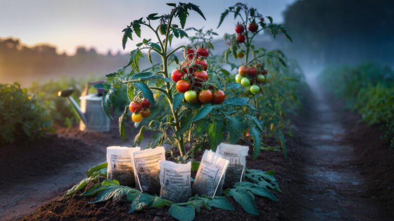 Illustration of used tea bags placed around tomato plants to provide an overnight nutrient boost