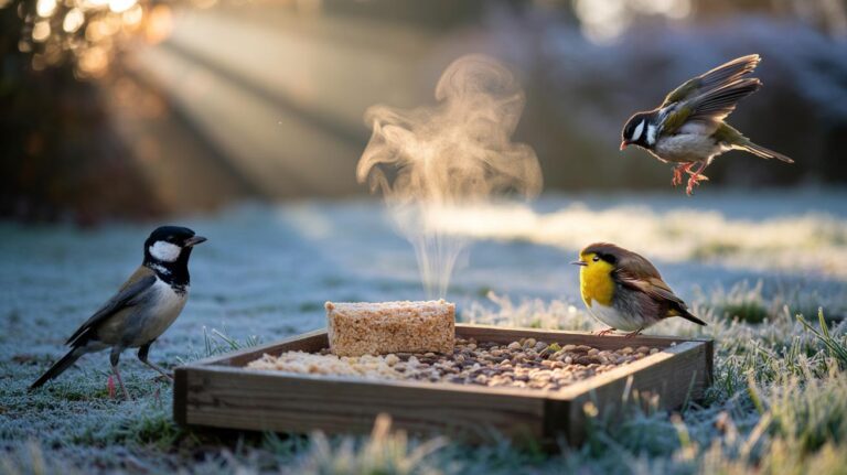 Illustration of weary UK garden birds drawn to bread crumble by a yeasty aroma