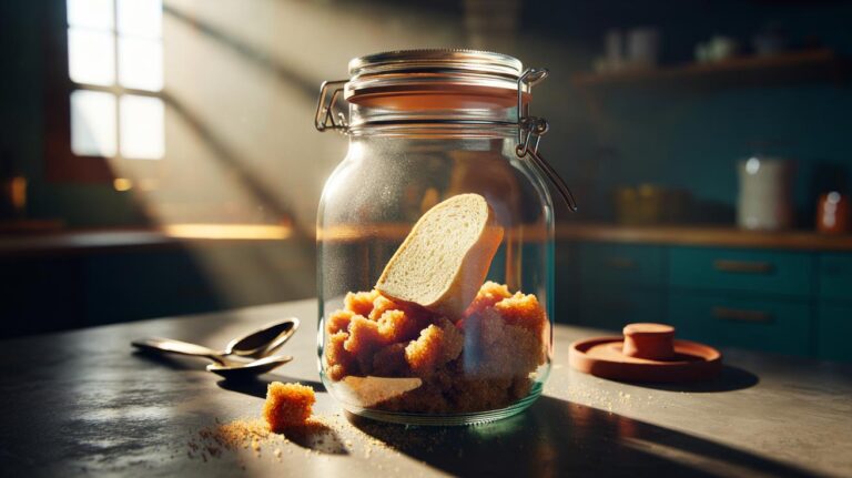 Illustration of a slice of bread in an airtight container with hardened brown sugar, rehydrating the sugar and loosening clumps