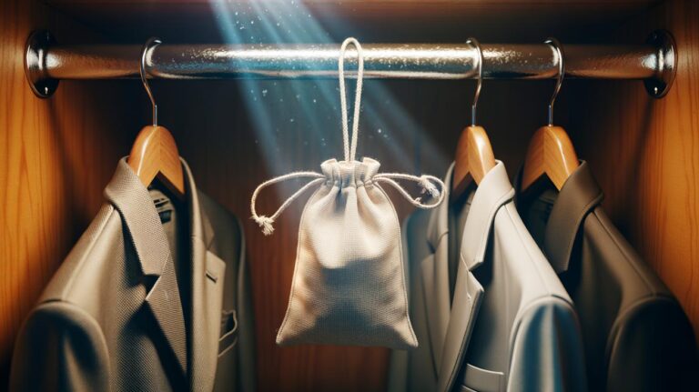 Illustration of chalk (calcium carbonate) blocks in a muslin pouch hanging inside a wardrobe to absorb humidity and prevent musty odours