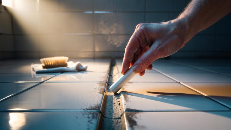 Illustration of white chalk being rubbed along tile grout lines to absorb grime and refresh tiles