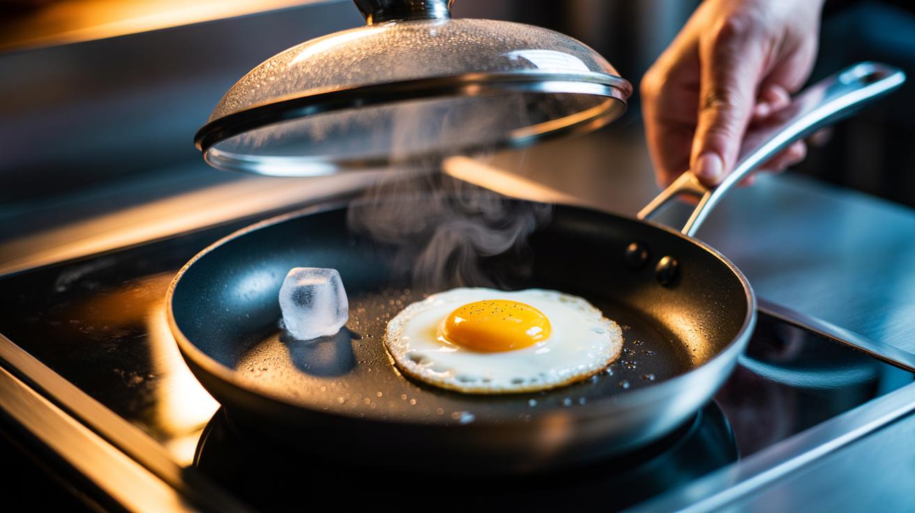 Illustration of a frying pan with a perfectly round fried egg and an ice cube steaming at the side