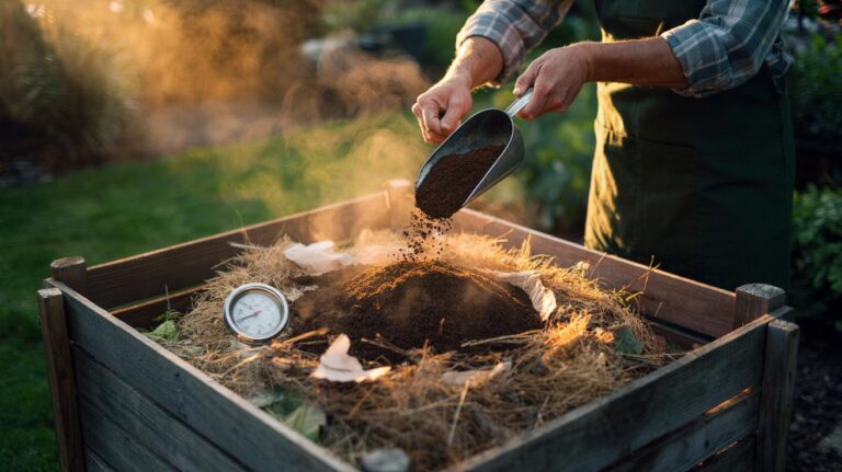 Illustration of coffee grounds being layered into a compost heap with dry leaves and shredded cardboard, supplying nitrogen to accelerate decomposition