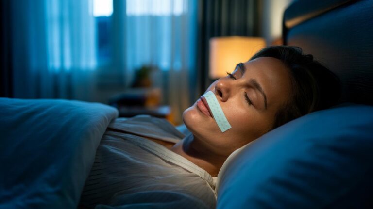 Illustration of a person sleeping at night with a small strip of tape over their mouth to encourage nasal breathing, reduce snoring, and support deep sleep
