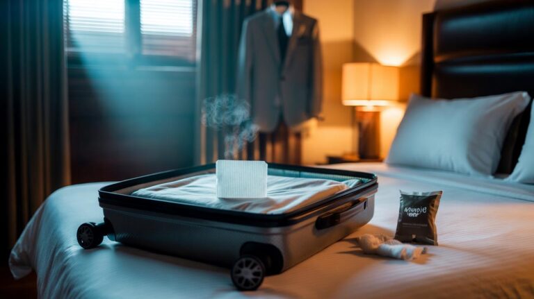 Illustration of a dryer sheet placed inside an open suitcase to neutralise musty odours while you sleep