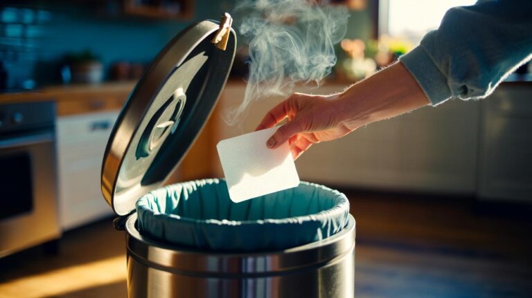 Illustration of a hand inserting a dryer sheet into a kitchen bin liner to prevent odours