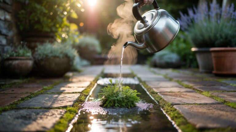 Illustration of hot salted water being poured from a kettle onto weeds in patio paving cracks for eco-friendly weed control