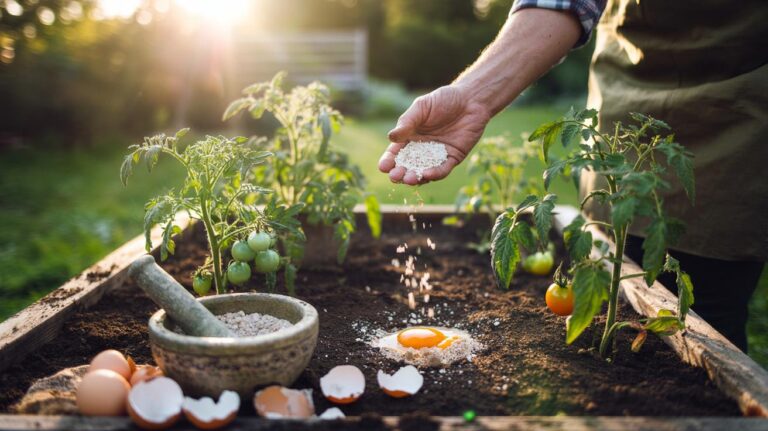 Illustration of crushed eggshell crumble being worked into garden soil to supply calcium and support healthy plant growth