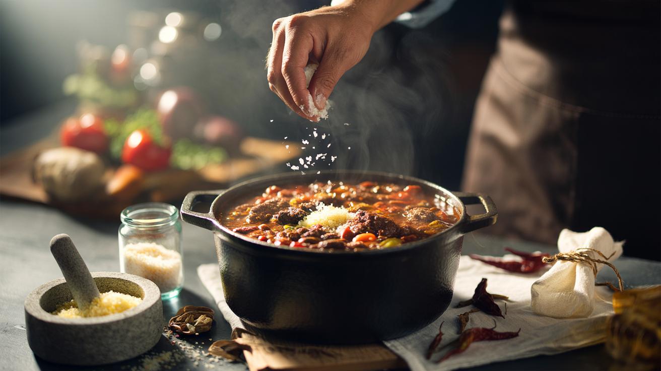 Illustration of sterilised eggshell flakes being sprinkled into a simmering chilli to balance acidity and deepen flavour