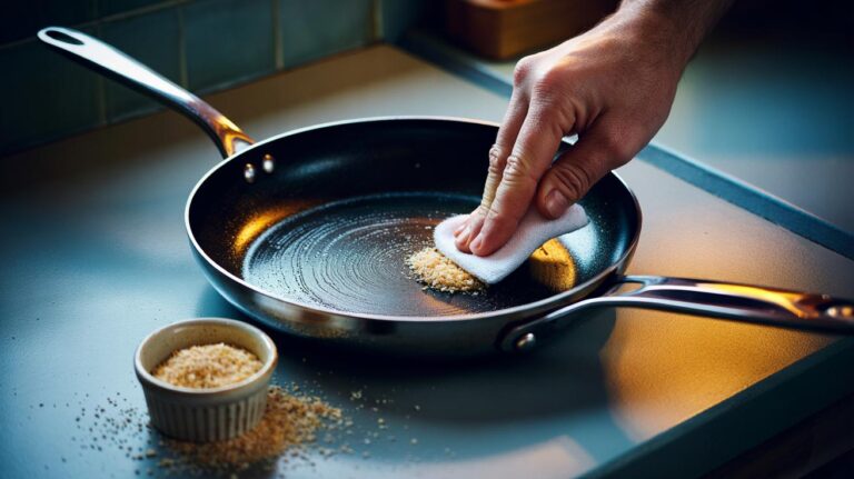 Illustration of crushed eggshells being used to scour burnt residue from a stainless-steel pan to a shiny finish