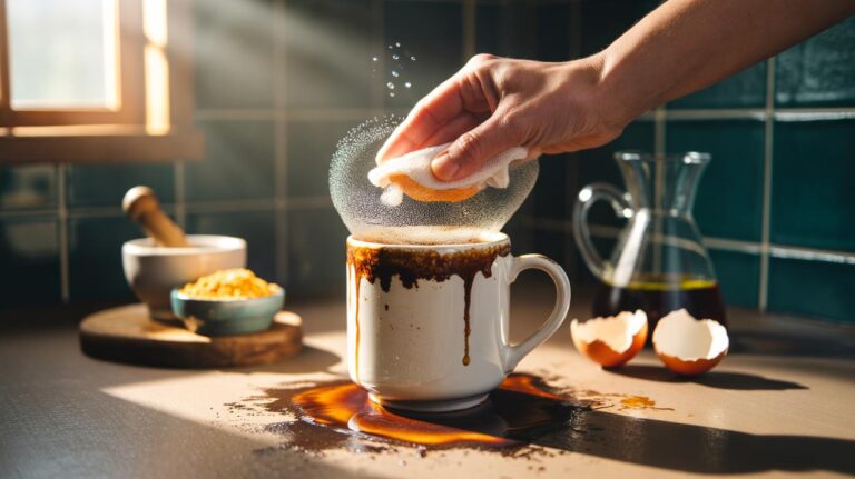 Illustration of crushed eggshells scrubbing coffee tannin stains from a ceramic mug