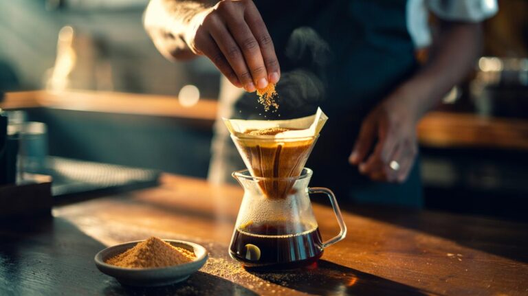 Illustration of a pinch of crushed eggshell being sprinkled onto ground coffee to neutralize acidic notes