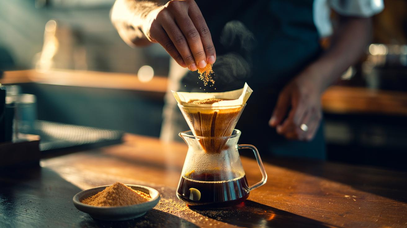 Illustration of a pinch of crushed eggshell being sprinkled onto ground coffee to neutralize acidic notes