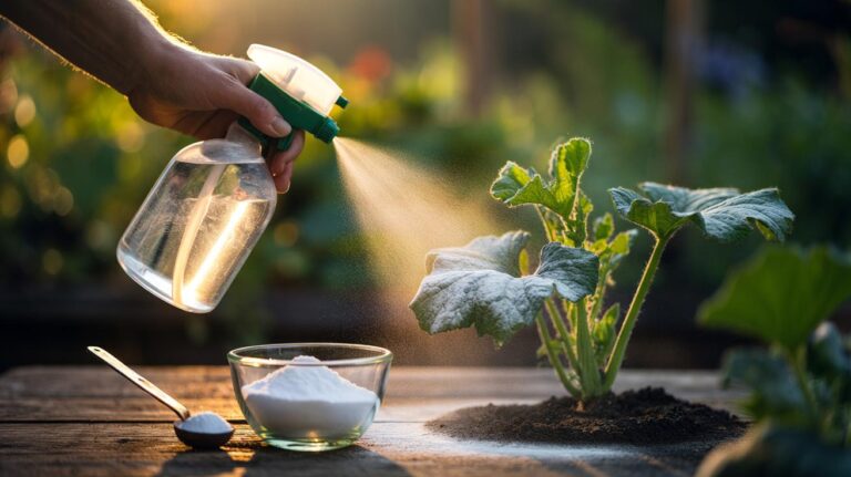 Illustration of baking soda solution being sprayed onto powdery mildew on plant leaves for rapid fungus control in 2 minutes