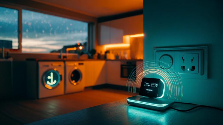 Illustration of a UK household with a smart meter app, smart plugs, and an automated thermostat applying the 5-3-2 technique to reduce electricity bills