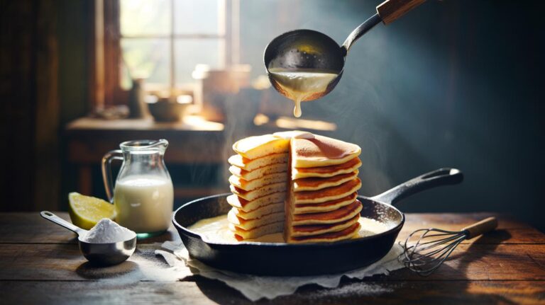 Illustration of fluffy pancakes on a griddle, with baking soda and buttermilk creating a quick, airy rise