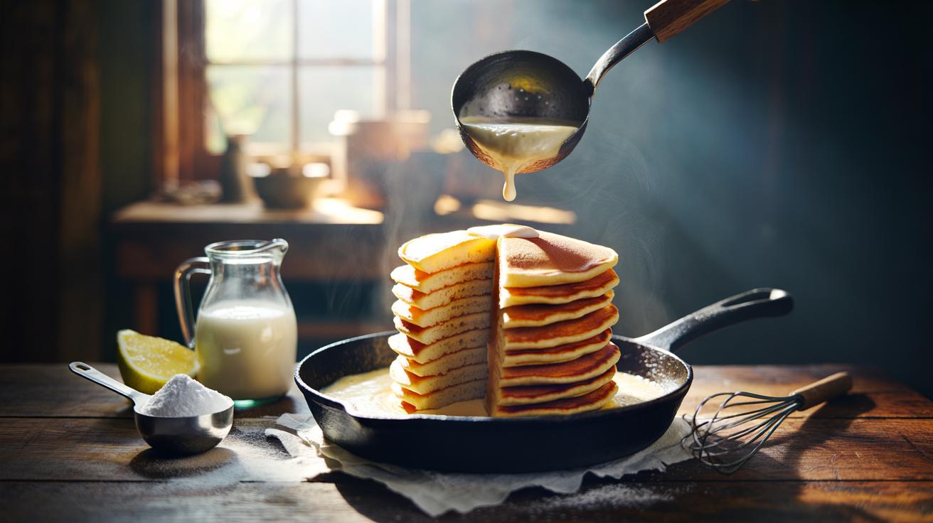 Illustration of fluffy pancakes on a griddle, with baking soda and buttermilk creating a quick, airy rise