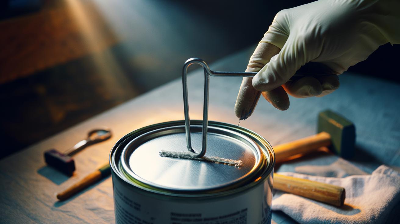 Illustration of a hairpin levering against a paint can’s bale to lift a stuck lid