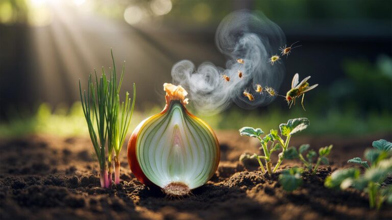 Illustration of half an onion buried in garden soil near young plants, emitting sulphur compounds to deter insects without chemicals