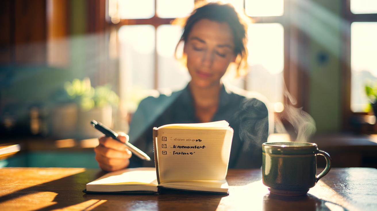 Illustration of a person reading a three-item joy list in a notebook next to a cup of morning coffee