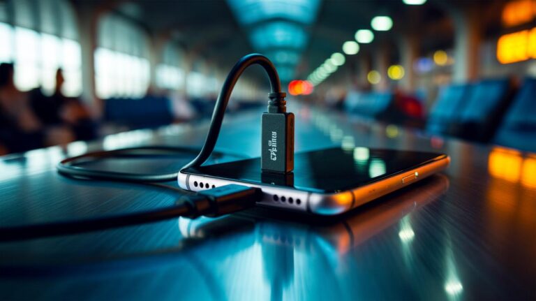 Illustration of a smartphone connected via a USB data blocker (charge-only adapter) to a public charging station to prevent juice jacking