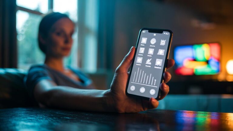 Illustration of a smartphone switched to grayscale in accessibility settings, with a screen-time chart reflecting reduced daily usage