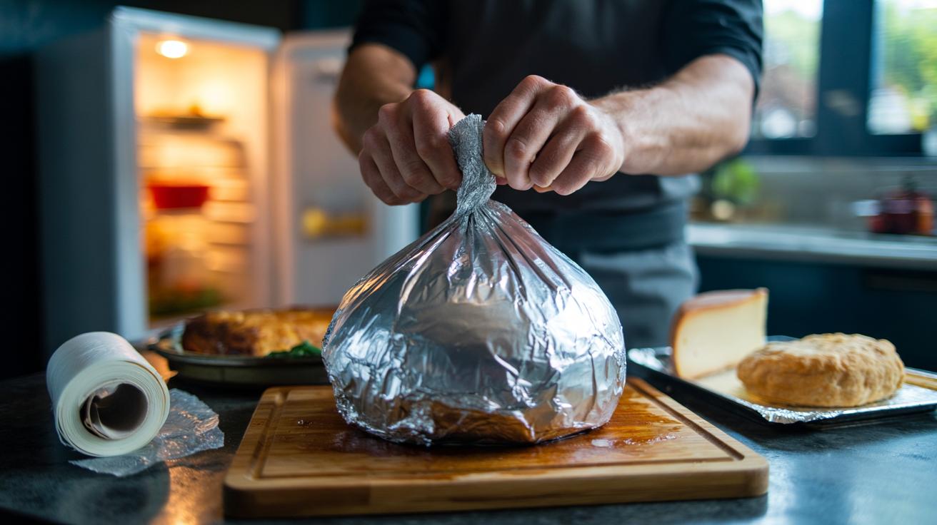 Illustration of aluminium foil being wrapped around food to create a protective barrier and keep leftovers fresh in 30 seconds