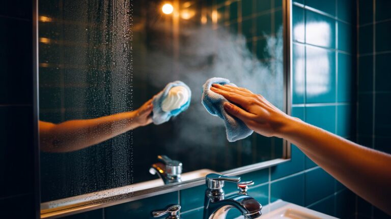 Illustration of a bathroom mirror being coated and buffed with a pea-sized dollop of shaving cream to prevent fog and condensation
