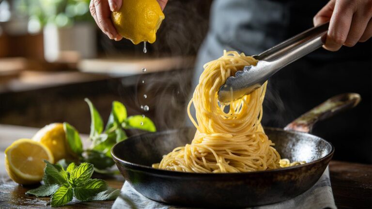 Illustration of lemon balm and citrus detangling clumped spaghetti nests in ten seconds